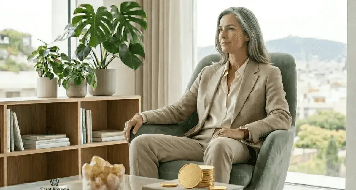 Una mujer elegante, como una reina de oros tarot amor, reflexiona sentada en un sillón, rodeada de plantas y monedas doradas.