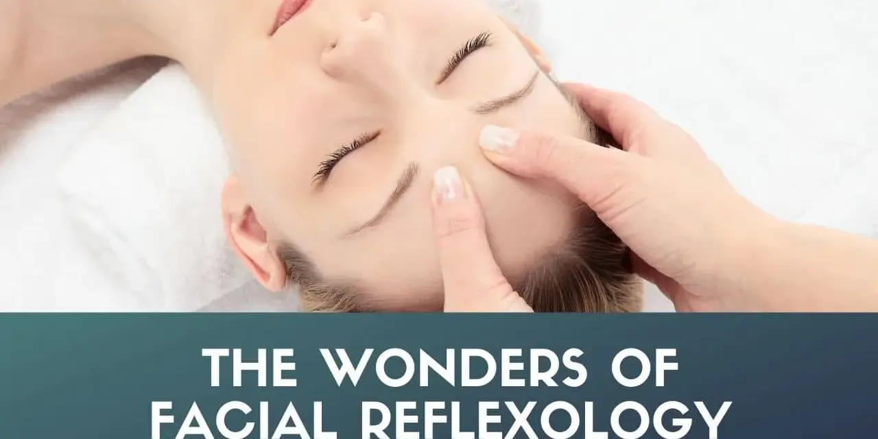 A close-up of a woman's face as gentle fingers perform facial reflexology, promoting relaxation and well-being.