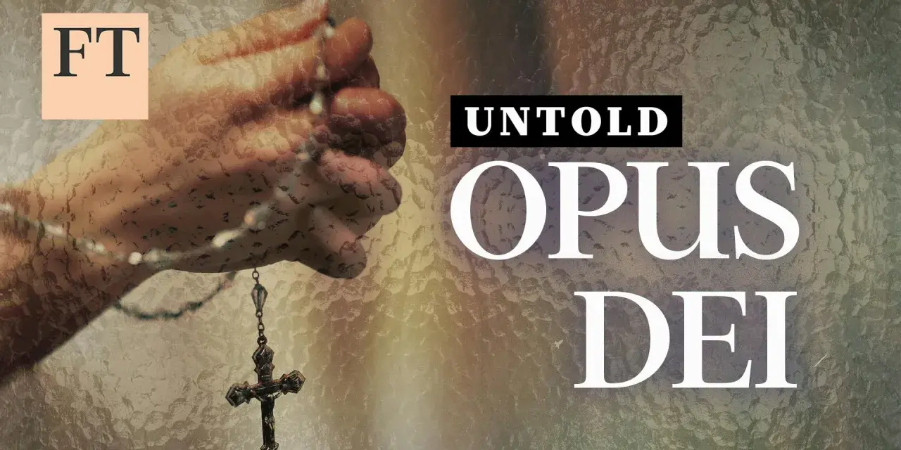 A hand holds a rosary, with the words "UNTOLD OPUS DEI" prominently displayed.