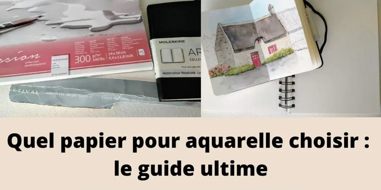 Blocs de papier et carnet de croquis ouverts sur une aquarelle. Le texte suggère : quel papier pour aquarelle choisir pour un guide ultime.