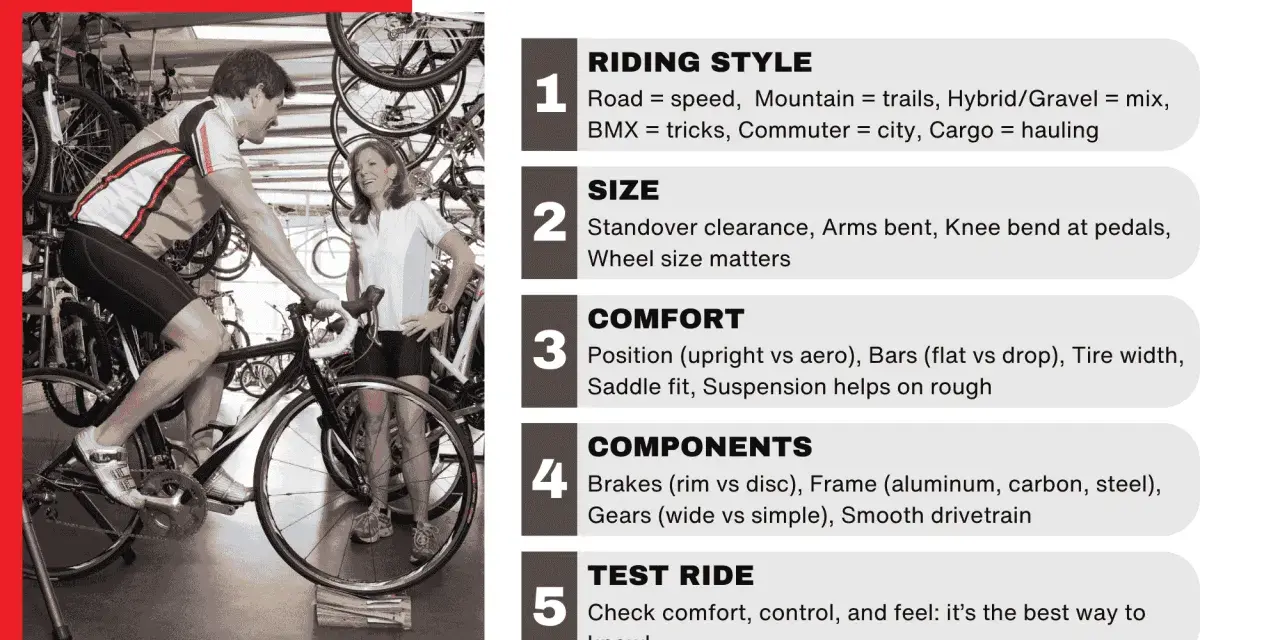 A man is trying out a mountain bike in a shop, with a woman looking on. The image is part of a guide on "How to Pick a Bike.