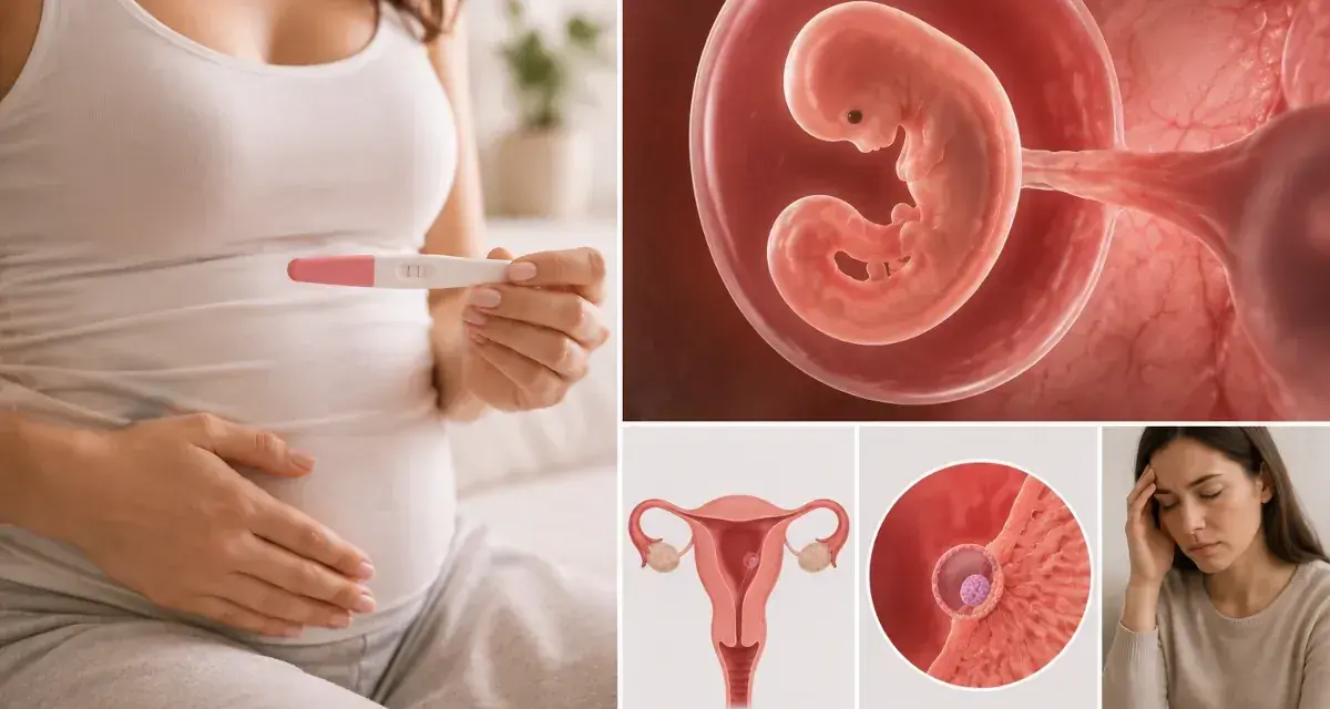 Ciąża: test pozytywny, zarodek w 7 tygodniu, macica, implantacja i kobieta z bólem głowy.
