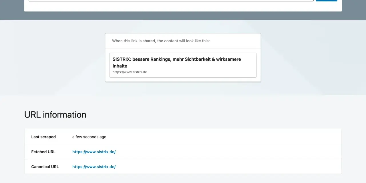 Post Inspector zeigt, was sind Meta Daten für die URL sistrix.de. URL-Infos & Redirect-Trail.