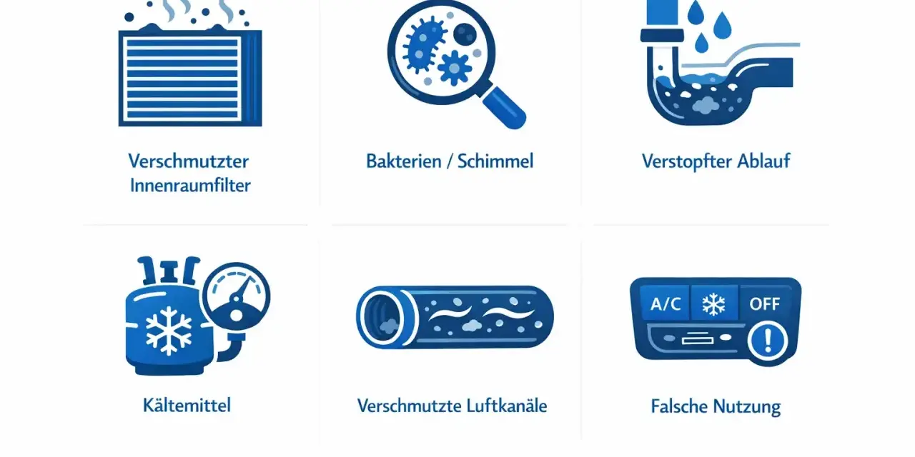 Icons zeigen Probleme mit der Klimaanlage: verschmutzter Filter, Bakterien, verstopfter Ablauf, Kältemittel, schmutzige Kanäle und falsche Nutzung. Klimaanlagen Desinfektion Auto ist wichtig.