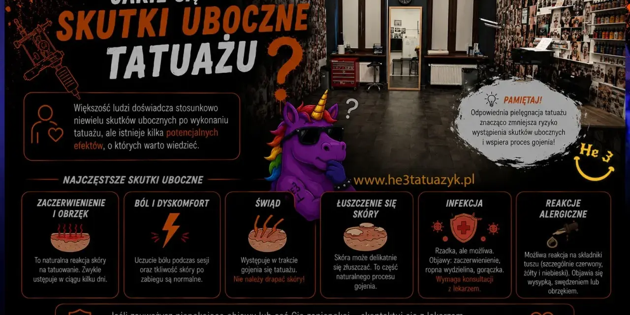 Grafika informuje o skutkach ubocznych tatuażu. Pokazuje m.in. zaczerwienienie, ból, swędzenie, łuszczenie się skóry, infekcje i reakcje alergiczne.