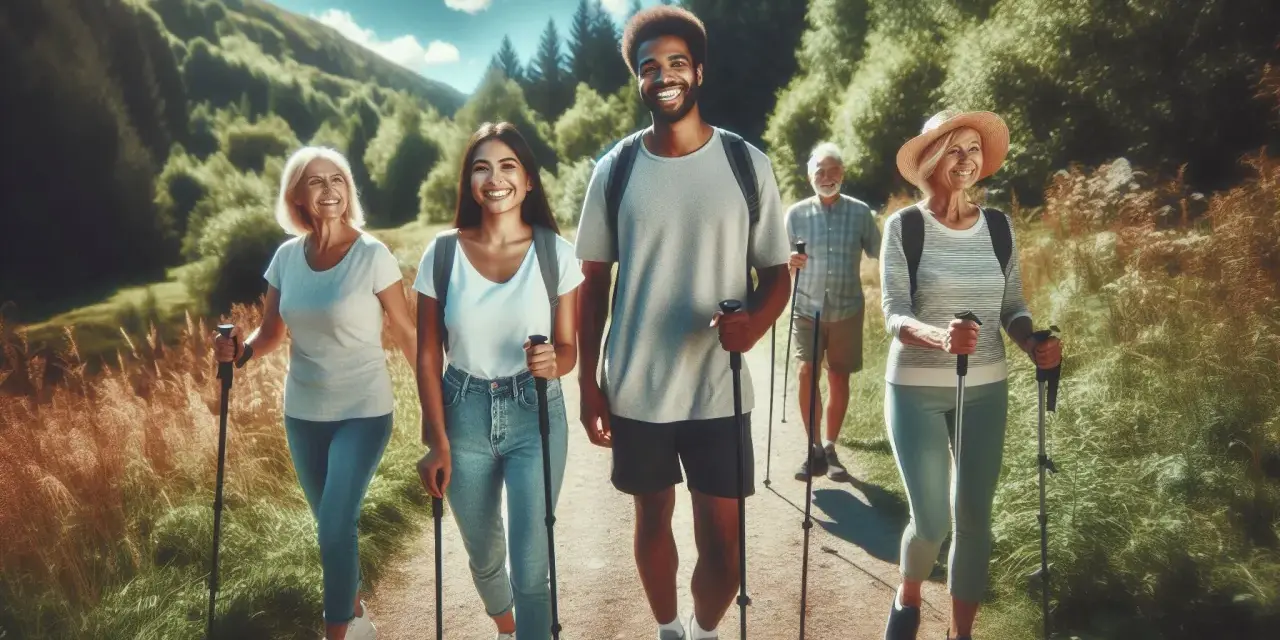 Grupa przyjaciół cieszy się spacerem z kijkami. Nordic walking to świetny sposób na spalanie kcal i poprawę kondycji na łonie natury.