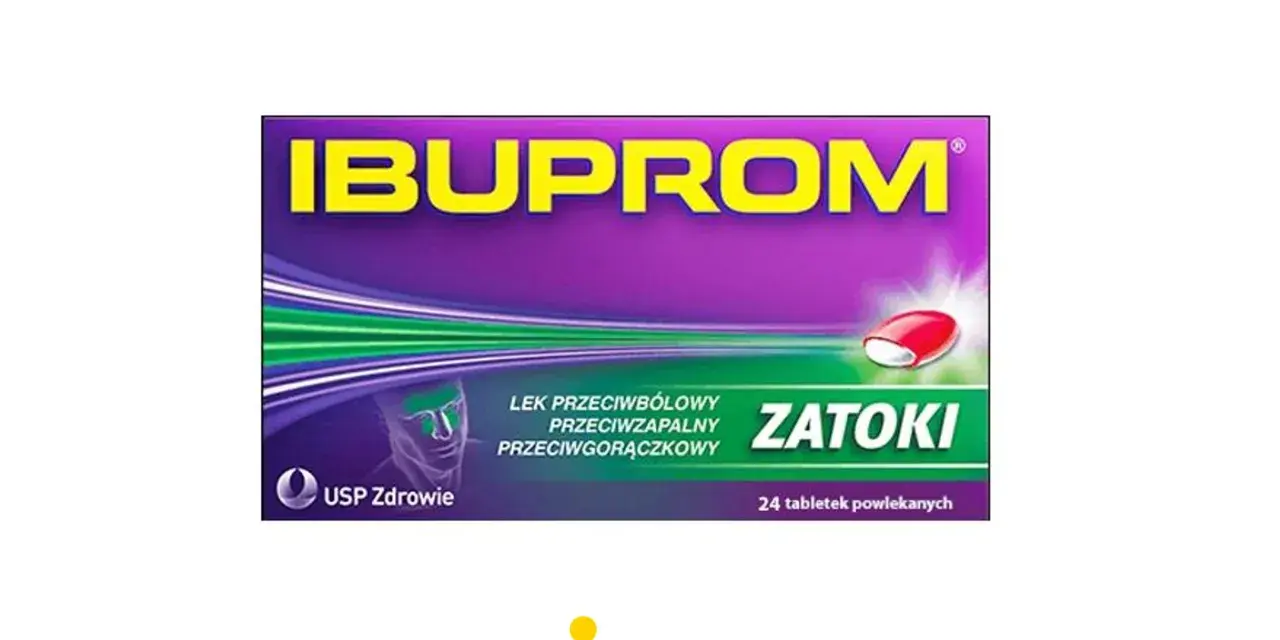 Opakowanie Ibuprom Zatoki, leku przeciwbólowego, przeciwzapalnego i przeciwgorączkowego, z wizerunkiem głowy i zielonymi akcentami.