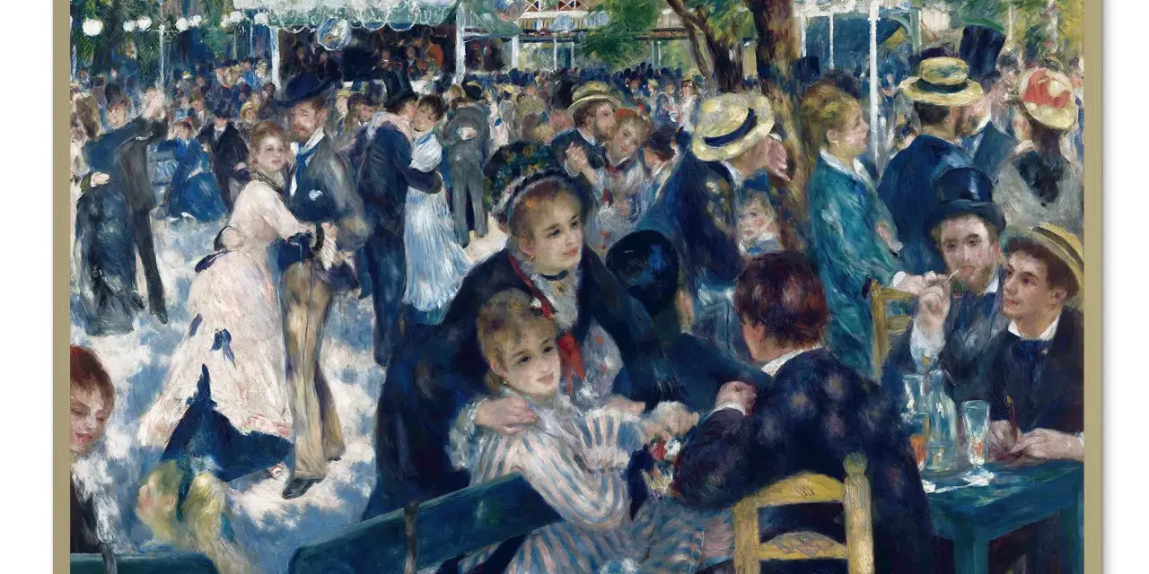 Tłum ludzi bawi się na świeżym powietrzu, tańcząc i siedząc przy stolikach. Widać radosną atmosferę balu w Moulin de la Galette.