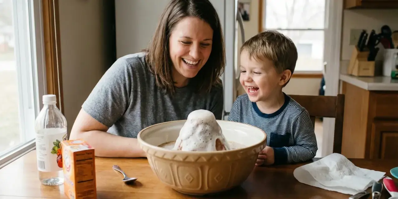 Mama i syn śmieją się, obserwując wulkan z piany podczas eksperymentów z sodą.