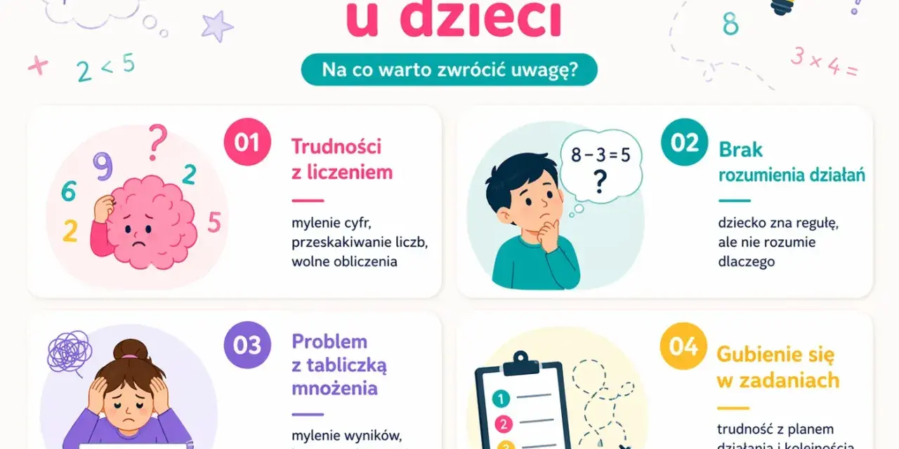 Objawy dyskalkulii u dzieci: trudności z liczeniem, brak rozumienia działań, problem z tabliczką mnożenia, gubienie się w zadaniach. Test na dyskalkulię.