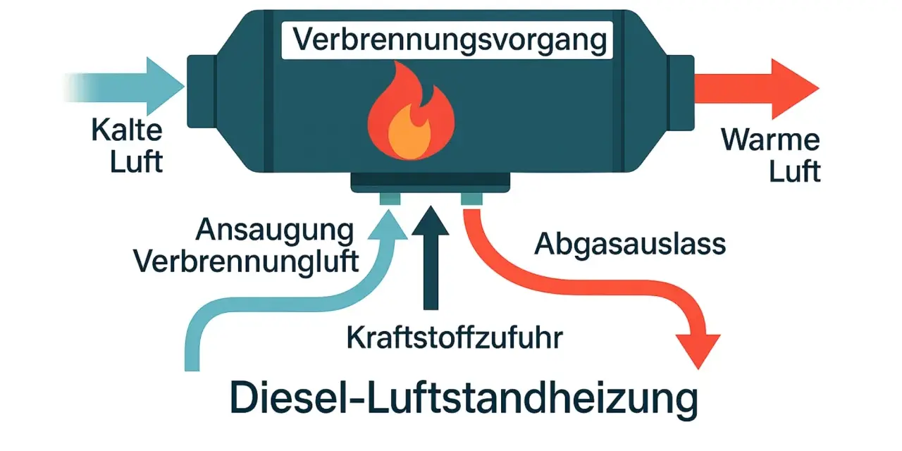 Schema zeigt, wie funktioniert eine Standheizung im Auto: Kalte Luft wird angesaugt, verbrannt und als warme Luft ausgeblasen. Kraftstoff wird zugeführt.