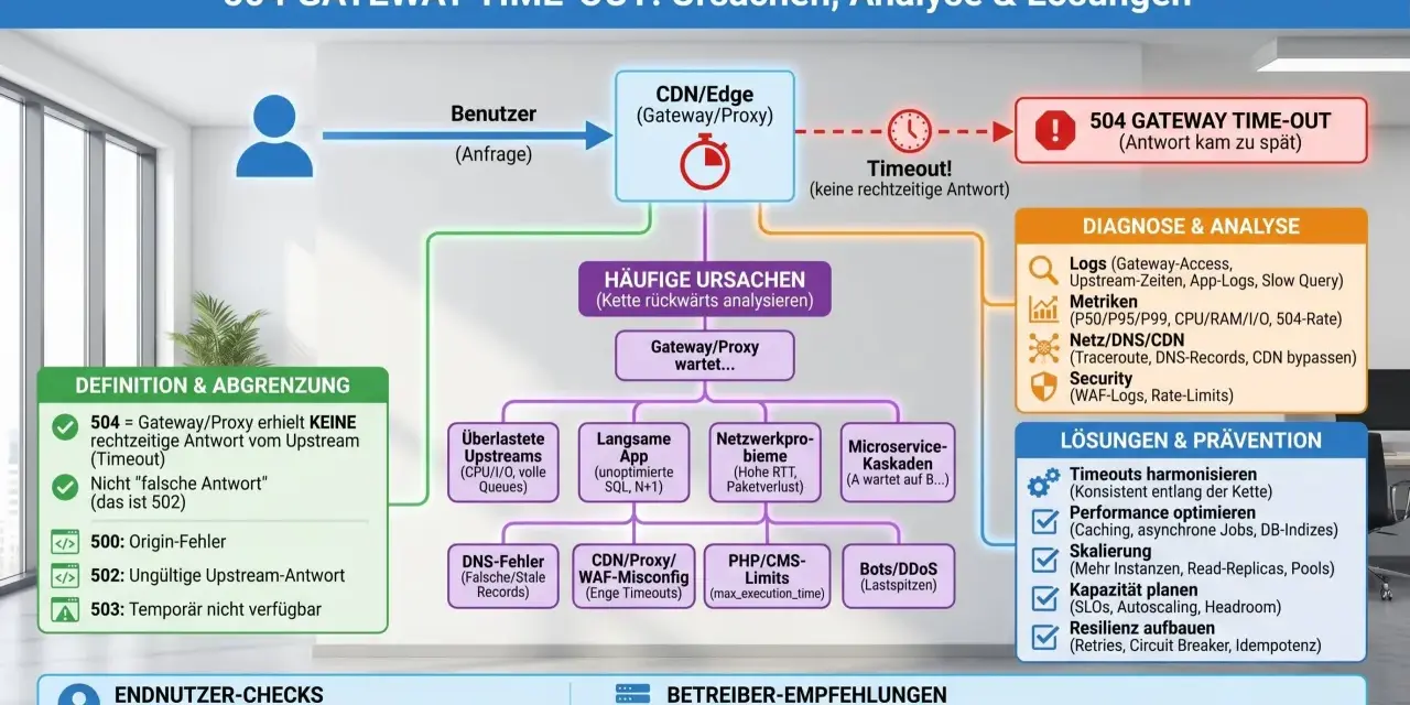 Diagramm zeigt Ursachen & Lösungen für 504 Gateway Time-Out. Analyse von Logs, Metriken und Netzwerk hilft bei der Fehlerbehebung.