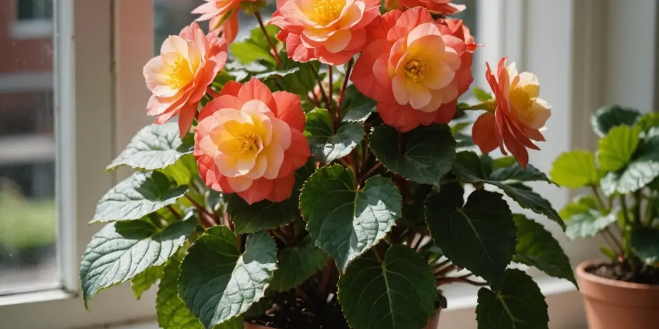 Piękna begonia doniczkowa z pomarańczowo-żółtymi kwiatami, gotowa na podlewanie.