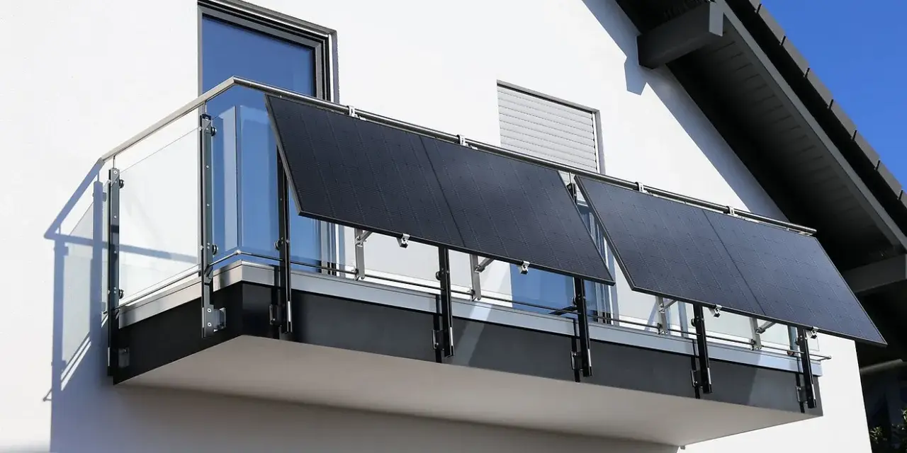 Nowoczesna fotowoltaika na tarasie. Panele słoneczne zamontowane na balustradzie, czerpiące energię ze słońca.
