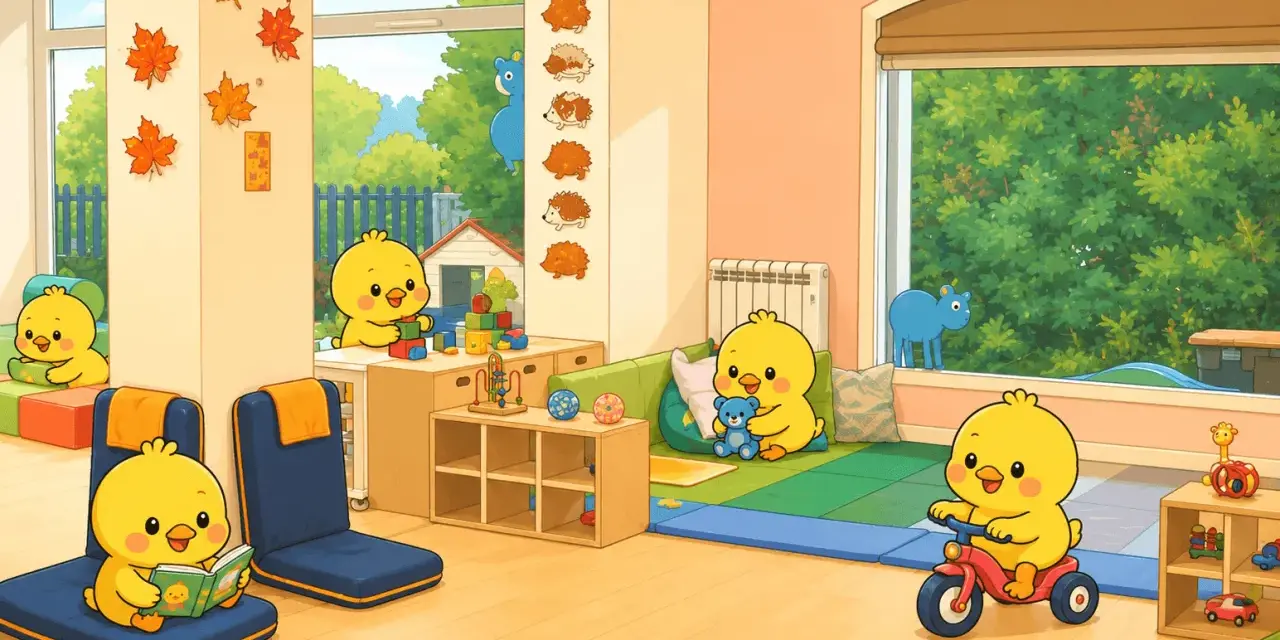 Des poussins mignons jouent dans une garderie colorée, l'un lit, l'autre sur un tricycle.