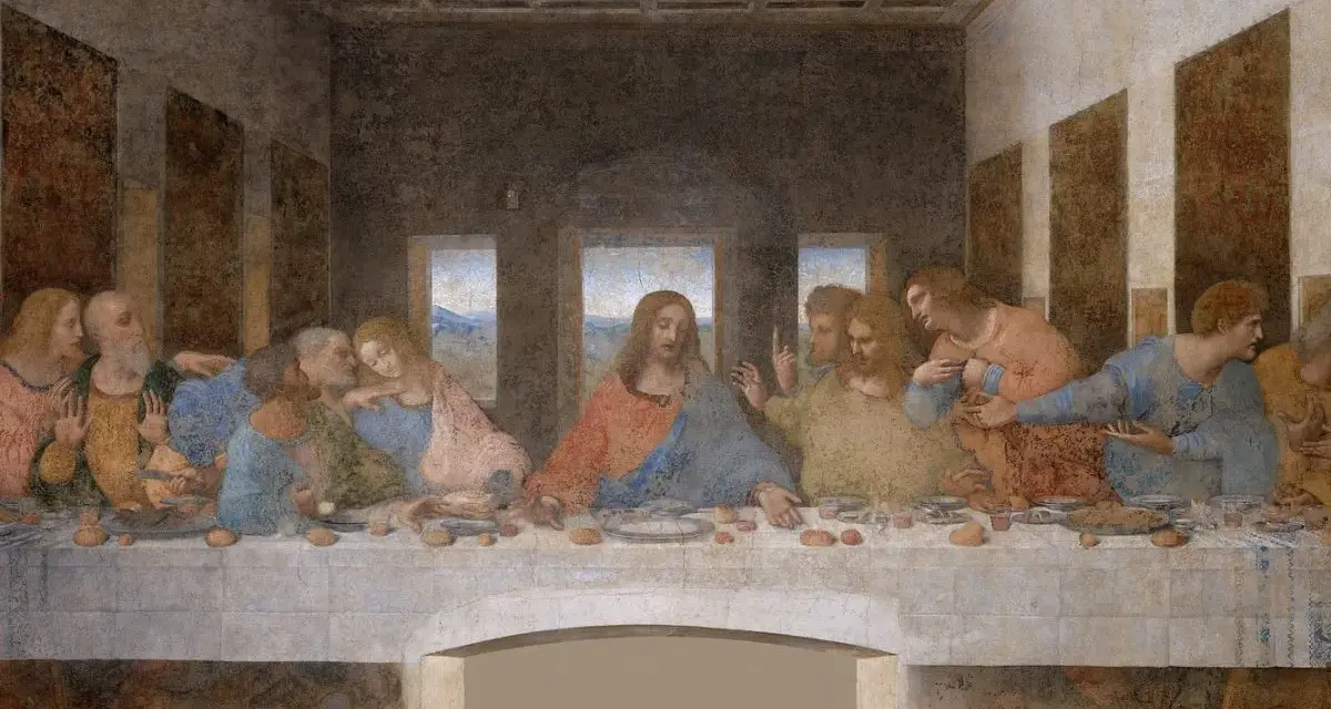 Ostatnia Wieczerza. Jezus i apostołowie przy stole, każdy z nich ma swoje imiona, choć nie są podpisane.