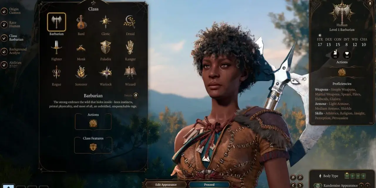 Interfaz de Baldur's Gate 3: selección de clase Bárbaro, una de las mejores clases Baldur's Gate 3.
