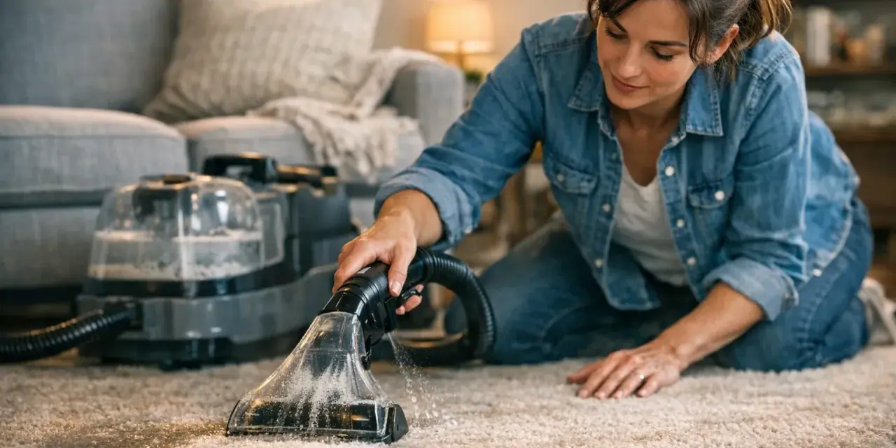Femme à genoux, utilisant un appareil pour shampouiner tapis. La machine projette de l'eau et aspire la saleté pour un nettoyage en profondeur.