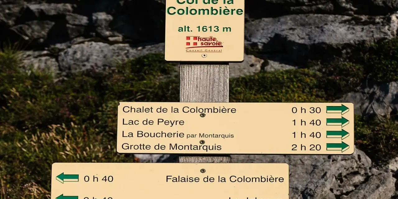 Panneau indicateur au Col de la Colombière (alt. 1613m), indiquant des sentiers et leurs temps de parcours. Un dénivelé est la différence d'altitude entre deux points.