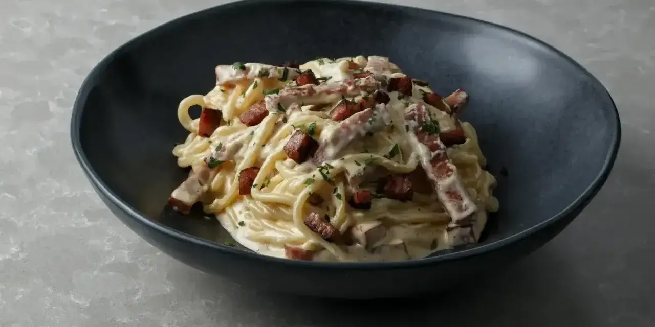 Pyszne spaghetti carbonara z chrupiącym boczkiem i kremowym sosem, idealnie ugotowany makaron al dente.