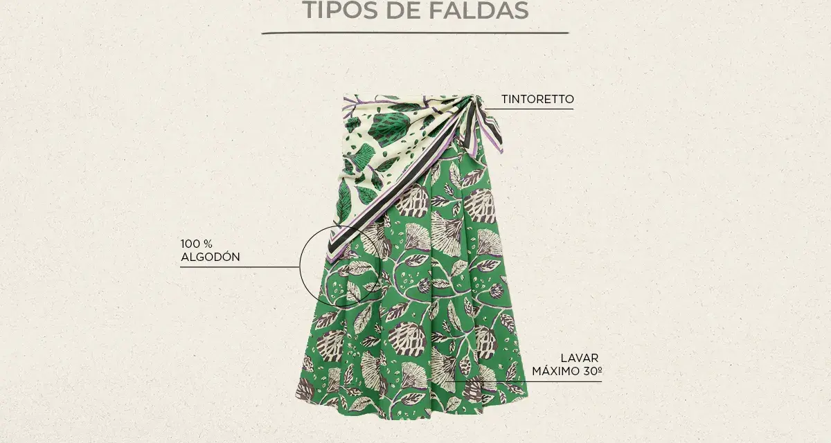 Falda envolvente de algodón 100% con estampado floral en verde y blanco. Explora diversos tipos de faldas para tu guardarropa.