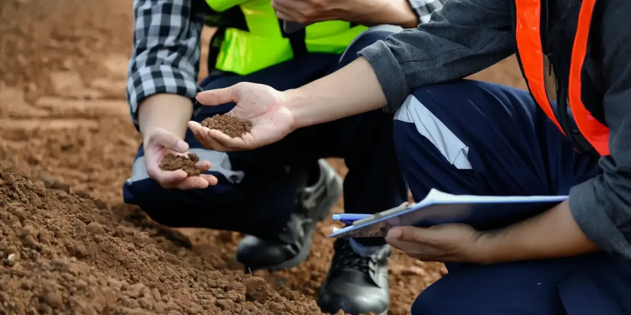 Pracownicy w kamizelkach odblaskowych analizują próbki ziemi, wykonując badania geotechniczne gruntu.