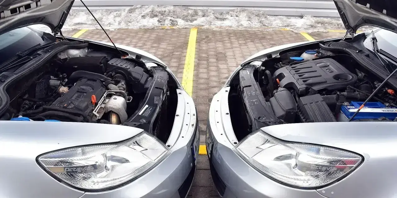 Dwa silniki samochodowe, jeden z napisem TDI (diesel), drugi bez widocznego oznaczenia, stoją obok siebie. Dylemat: diesel czy benzyna?