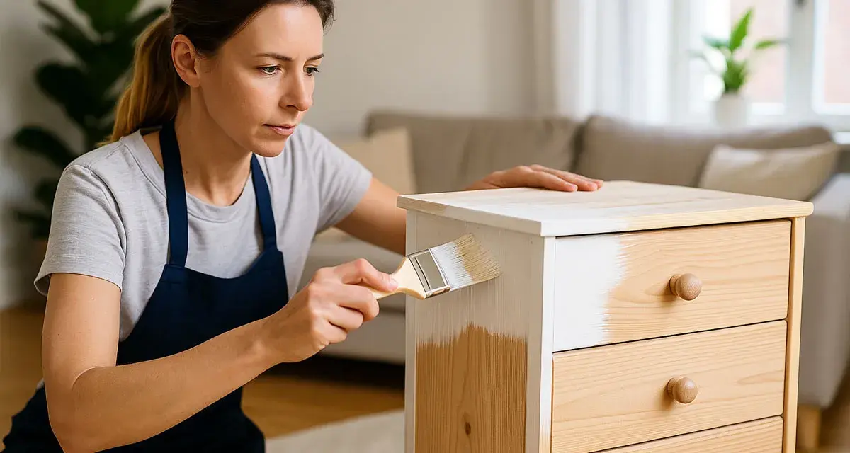 Donna dipinge un mobile in legno con una mano di cementite senza carteggiare, trasformando il mobile con facilità.