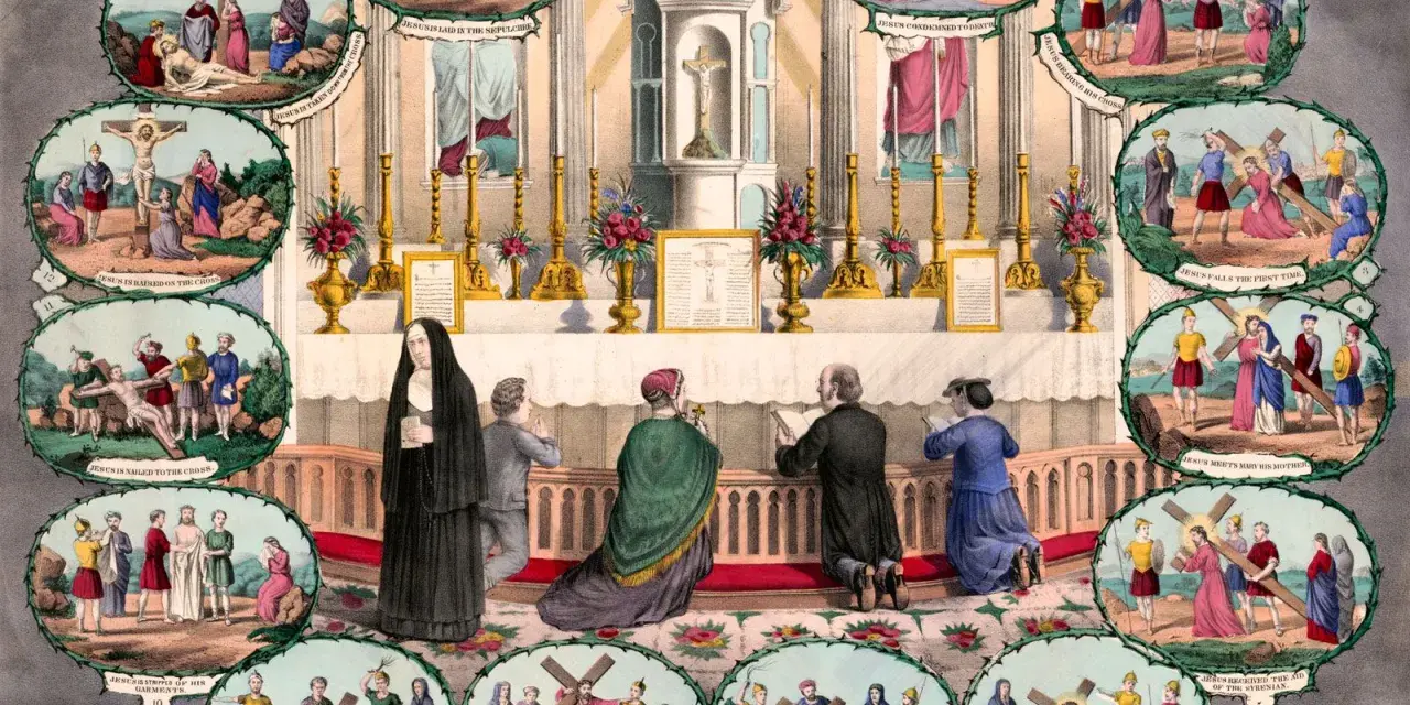 Catholic Stations of the Cross depicted around an altar, showing Jesus' journey to crucifixion.