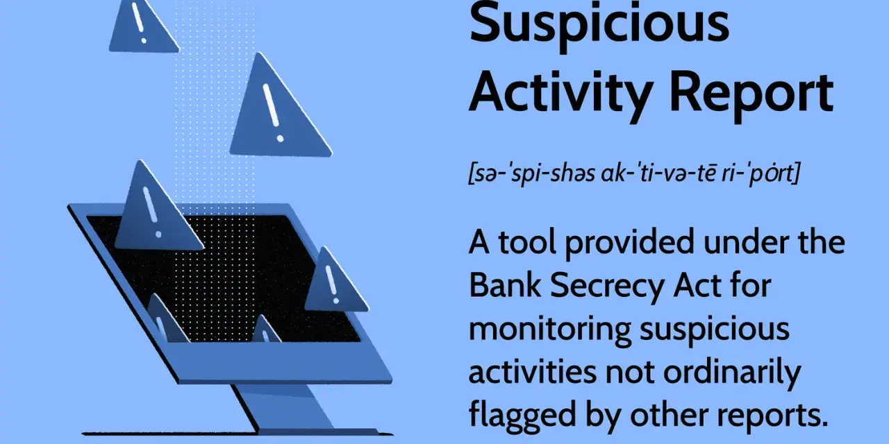 A Suspicious Activity Report (SAR) is a banking tool to monitor unusual transactions, as shown by warning signs around a computer screen.
