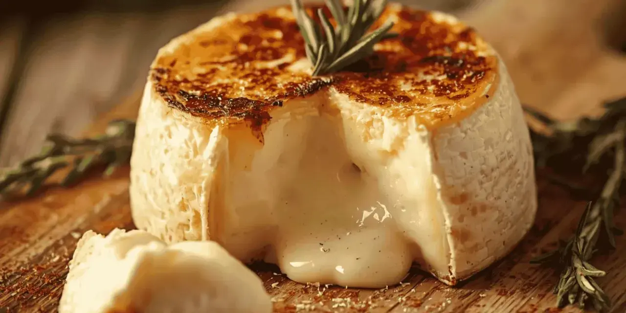Camembert coulant, doré et gratiné, tout juste sorti de l'air fryer. Un délice crémeux à déguster avec une branche de romarin.