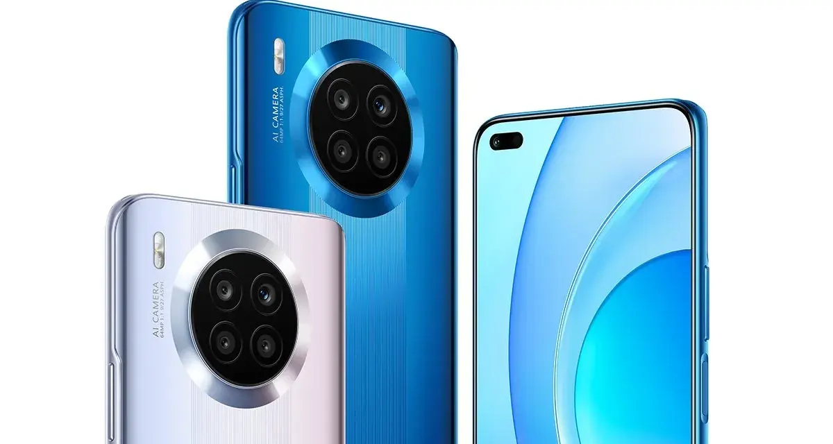 Trzy telefony: dwa z tyłu z okrągłymi modułami aparatów (niebieski i srebrny), jeden z przodu z ekranem i podwójnym aparatem do selfie. To honor 50 lite.