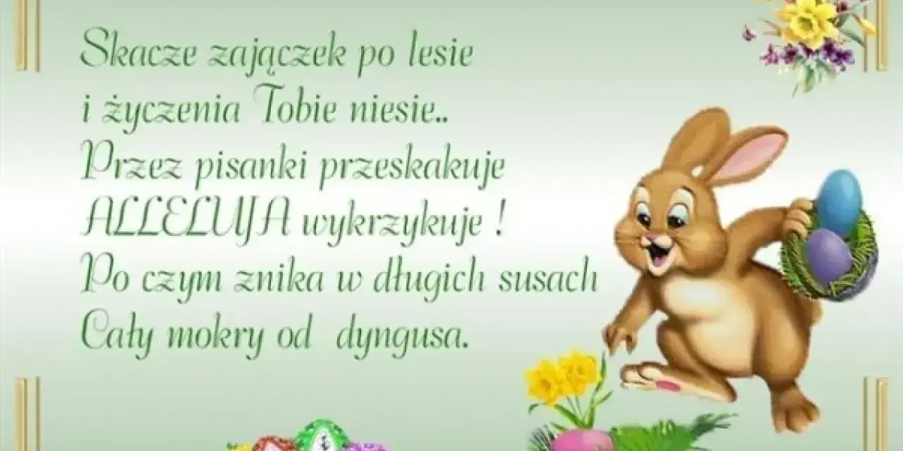 Wesoły zajączek z koszyczkiem pisanek niesie życzenia i krótkie wierszyki wielkanocne.