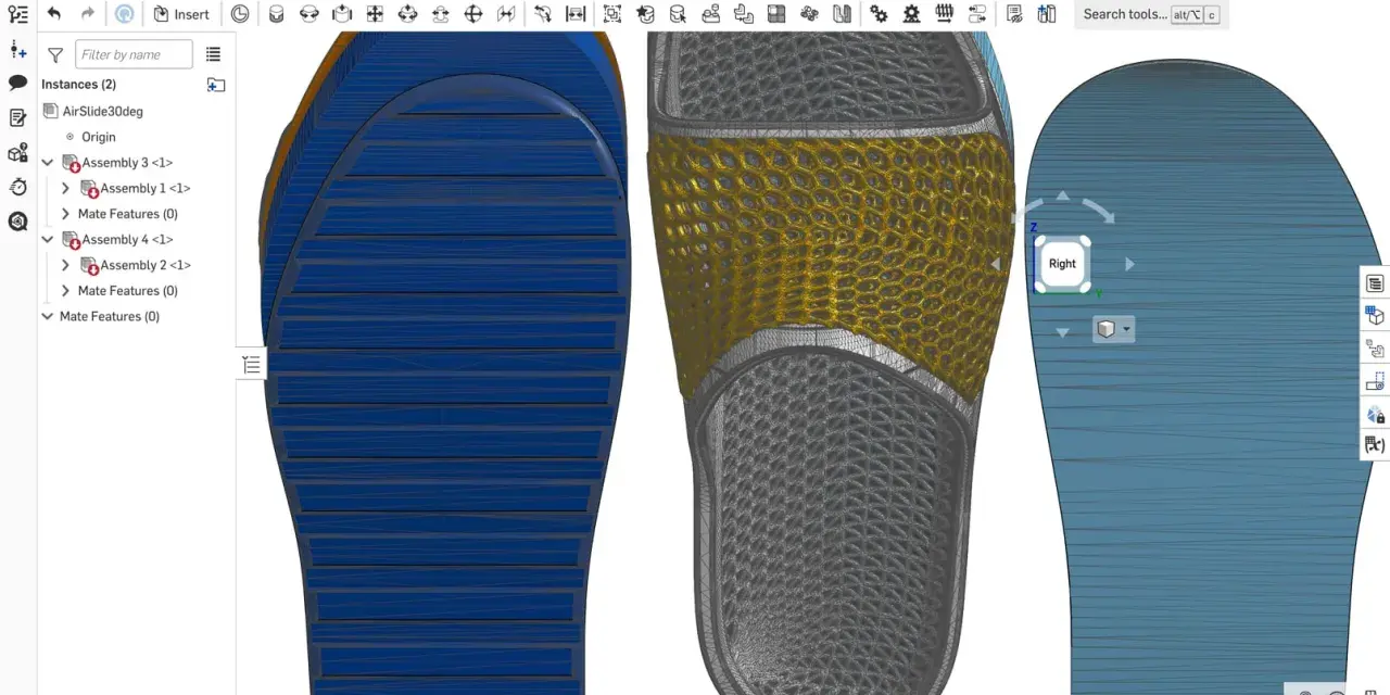 Onshape interface showing 3D shoe model design, a prime example of the best 3D CAD software for complex assemblies.