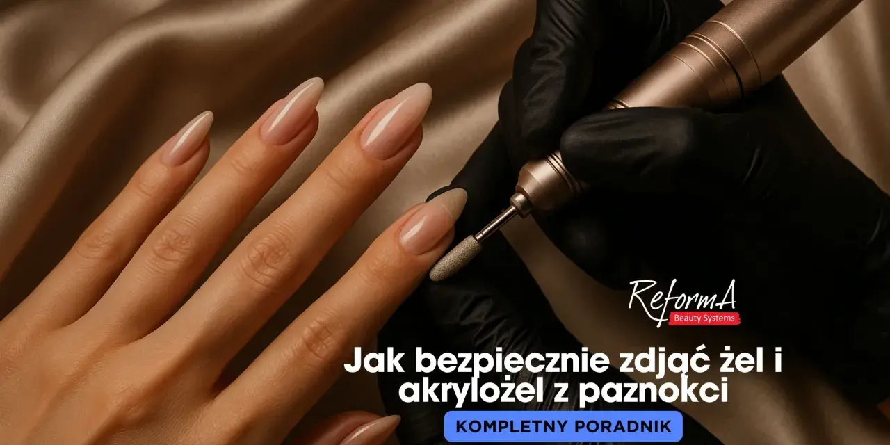 Dłoń z długimi paznokciami żelowymi, na których widać frezarkę. Dowiedz się, jak zdjąć paznokcie żelowe bezpiecznie i skutecznie.