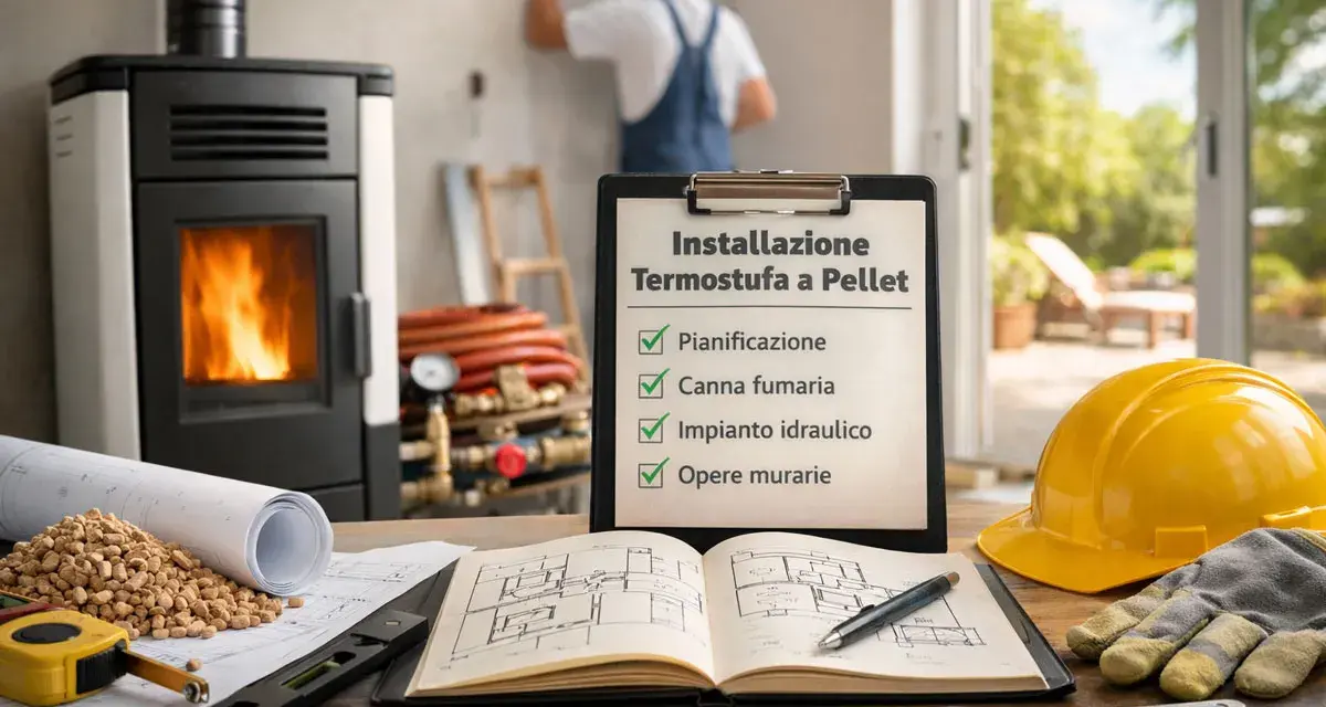 Installazione termostufa a pellet: pianificazione, canna fumaria, impianto idraulico e opere murarie. Pro e contro da valutare.