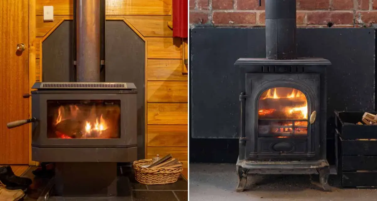 Deux poêles à bois, l'un moderne dans un chalet, l'autre ancien sur fond de briques. L'isolation poele a bois est essentielle pour la sécurité et l'efficacité.