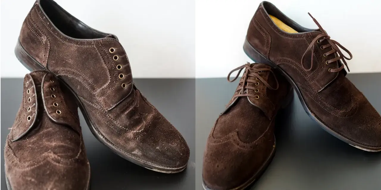 Brązowe buty zamszowe przed i po farbowaniu. Odświeżanie wyglądu obuwia.