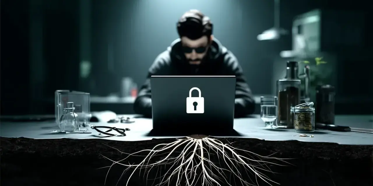 Haker w kapturze pracuje przy laptopie z symbolem kłódki. Pod stołem wyrastają korzenie, symbolizujące ukryty **rootkit**.