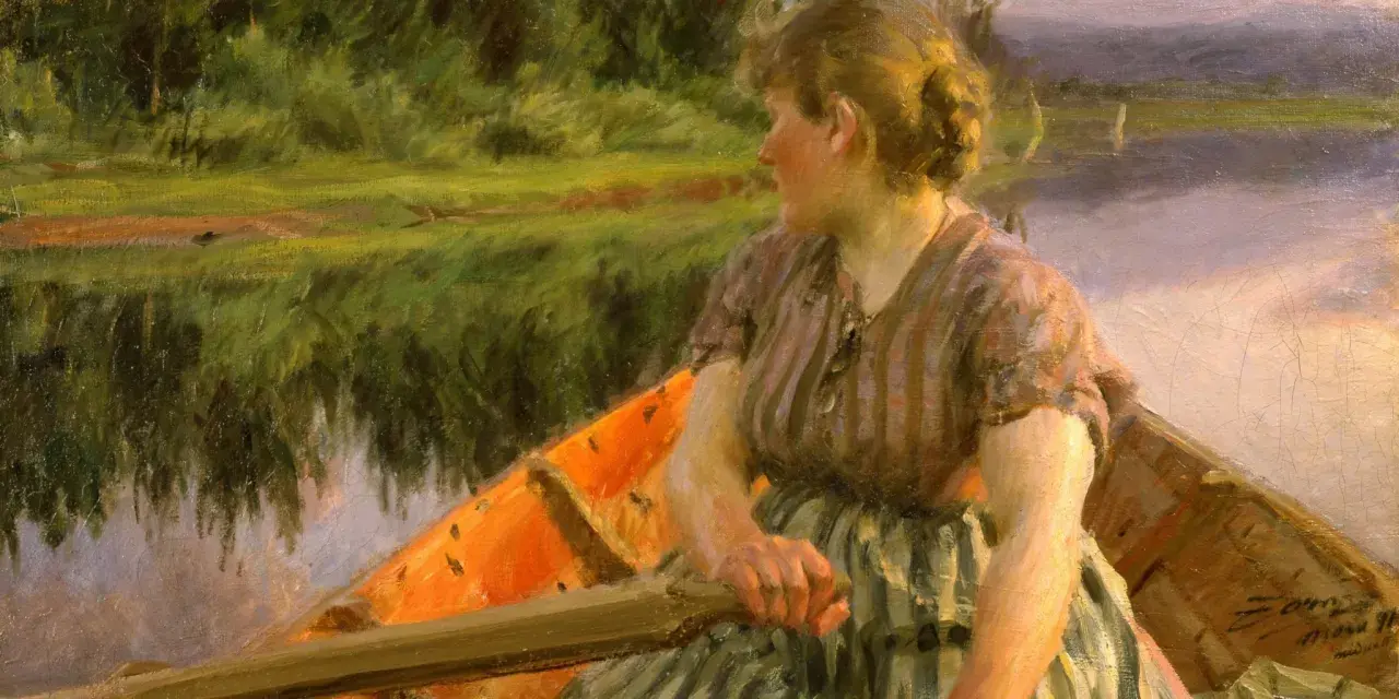 En kvinna ror i en båt, en klassisk scen av anders zorn konst. Vattnet speglar den gröna naturen.