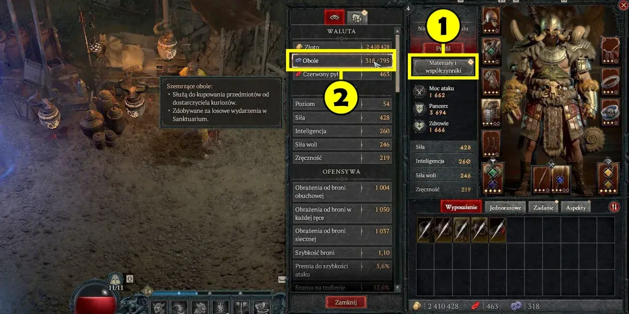 Diablo 4: 318/795 obole, waluta do kupowania przedmiotów od dostarczyciela kuriozów.