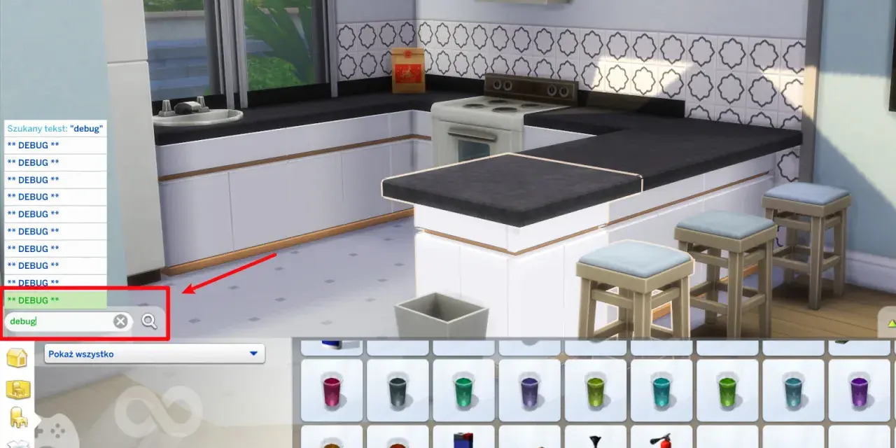 Wpisanie "debug" w wyszukiwarkę przedmiotów w The Sims 4, aby znaleźć ukryte obiekty.