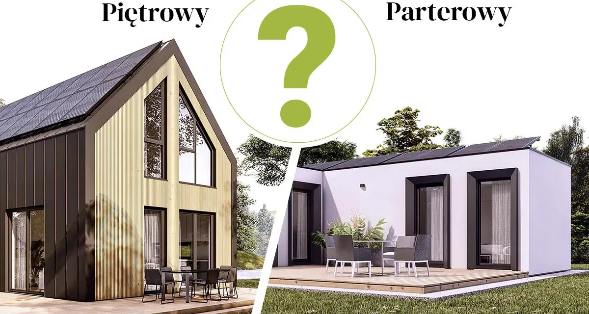 Piętrowy dom z drewnianą elewacją i panelem słonecznym kontra parterowy, nowoczesny budynek. Który wybierasz?