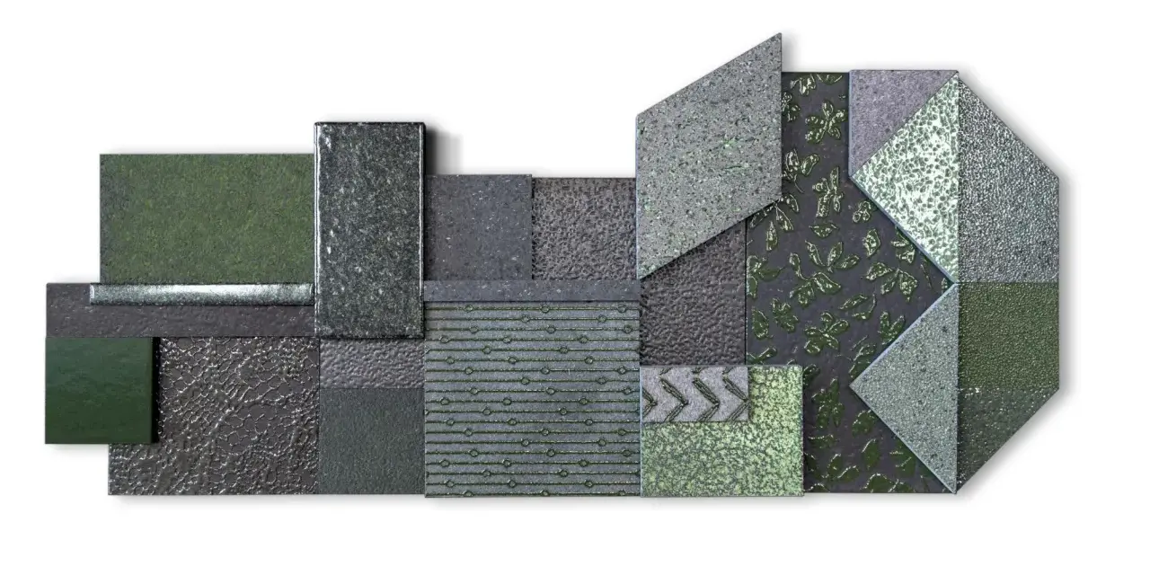 Composizione geometrica di texture verdi e grigie, che evoca il significato della pietra lavica: forza e trasformazione.