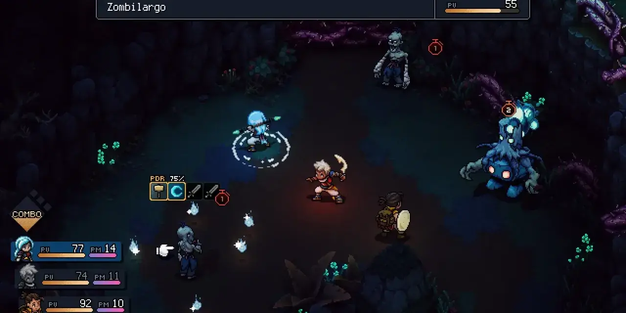 Combate en el **sea of stars dlc**. Personajes luchan contra zombis y un monstruo azul en un entorno oscuro.
