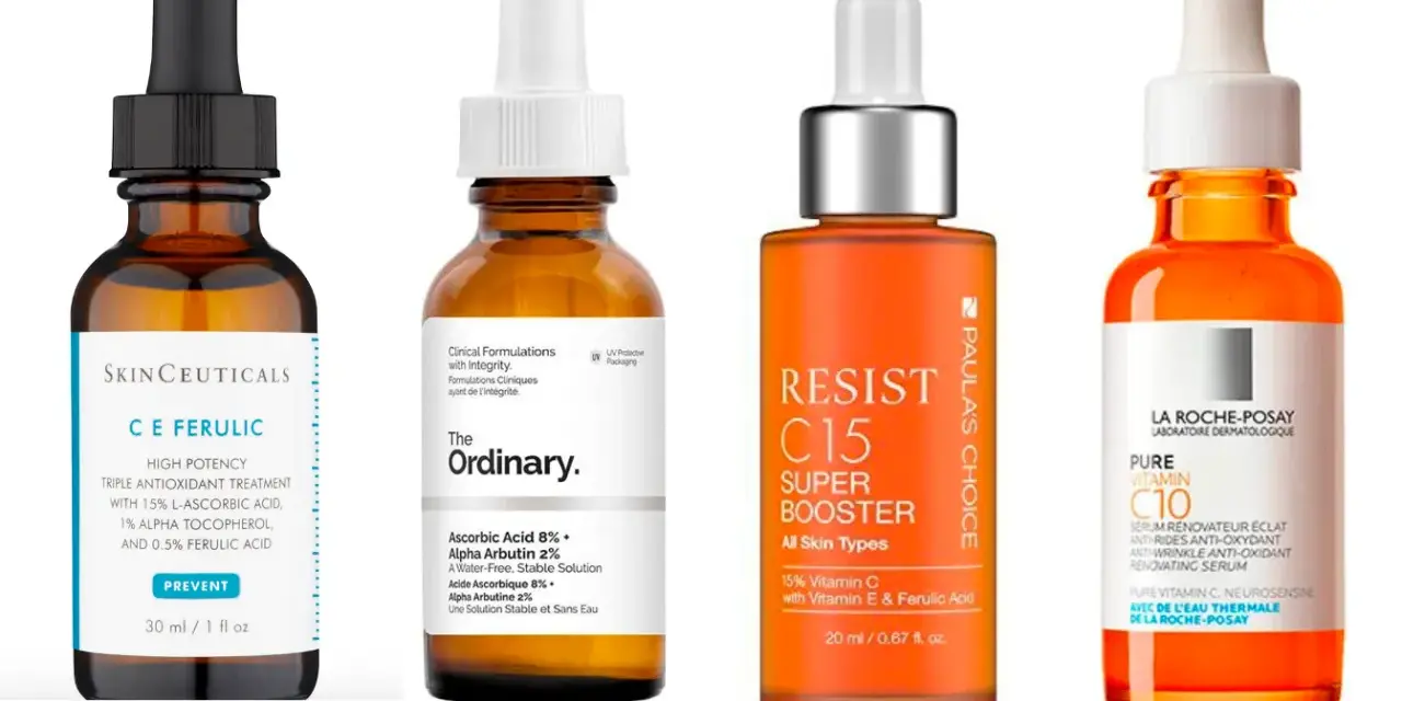 Cuatro sueros con vitamina C para la cara: Skinceuticals C E Ferulic, The Ordinary, Paula's Choice Resist C15 y La Roche-Posay Pure Vitamin C10.