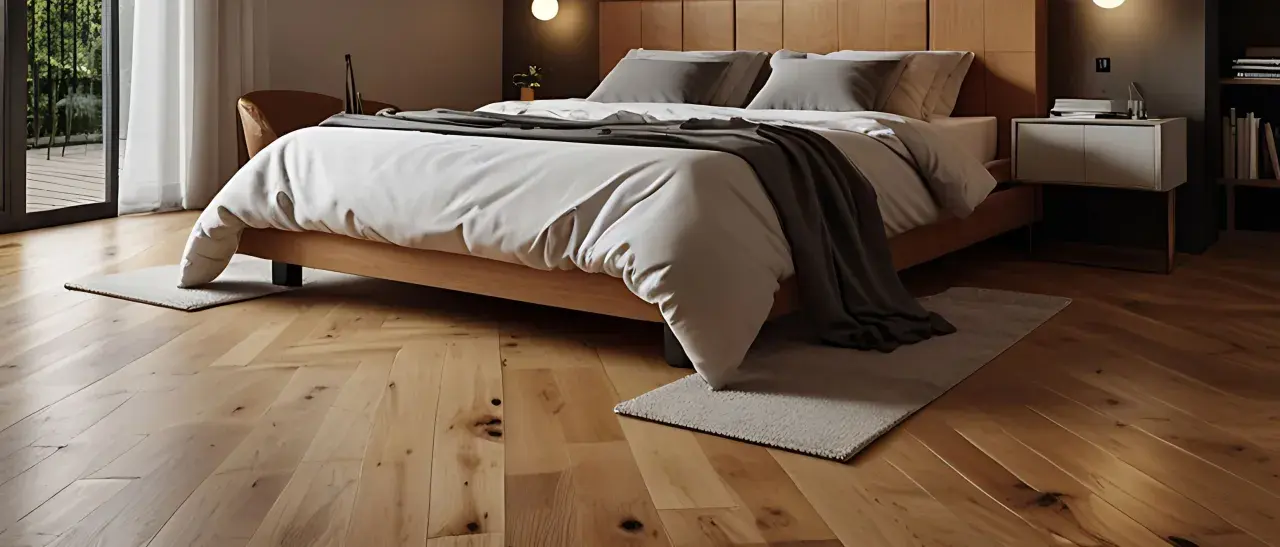 Ein gemütliches Schlafzimmer mit einem Holzbett und einem warmen, natürlichen **bodenbelag schlafzimmer** im Fischgrätmuster.