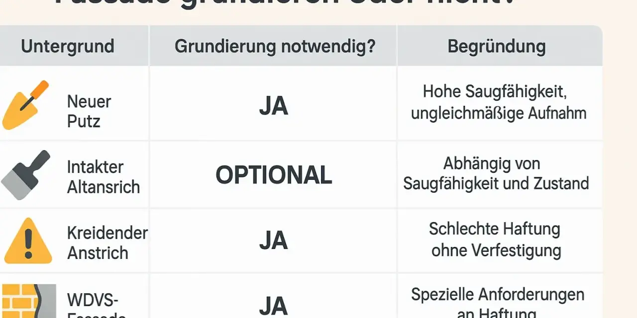 Tabelle zeigt, wann eine Fassade grundieren notwendig ist: Neuer Putz und kreidender Anstrich erfordern Grundierung.