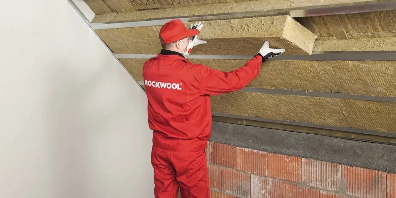 Pracownik w czerwonym kombinezonie Rockwool montuje izolację na ścianie szczytowej poddasza.