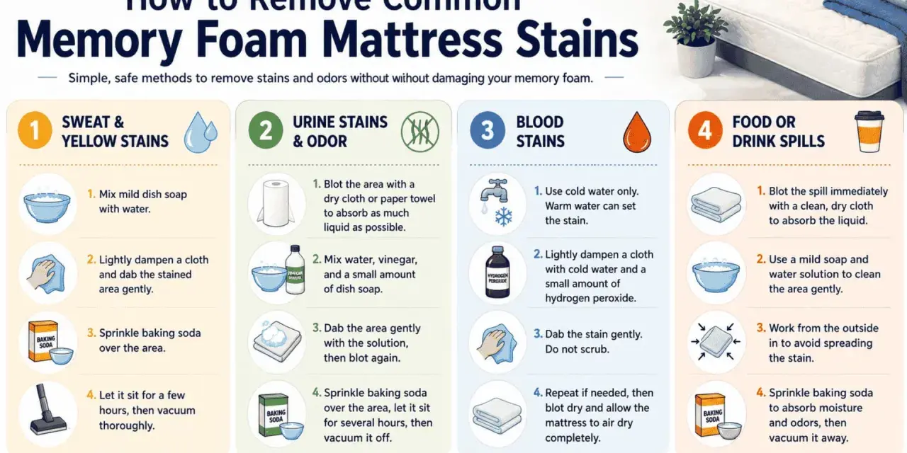 Learn how to clean a mattress with this guide on removing common memory foam stains like sweat, urine, blood, and spills using simple household items.